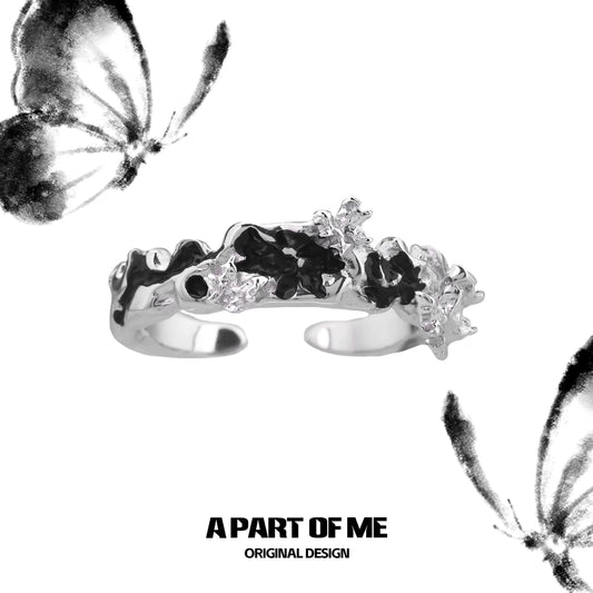 Elegant black butterfly ring with silver detailing and unique design by A PART OF ME