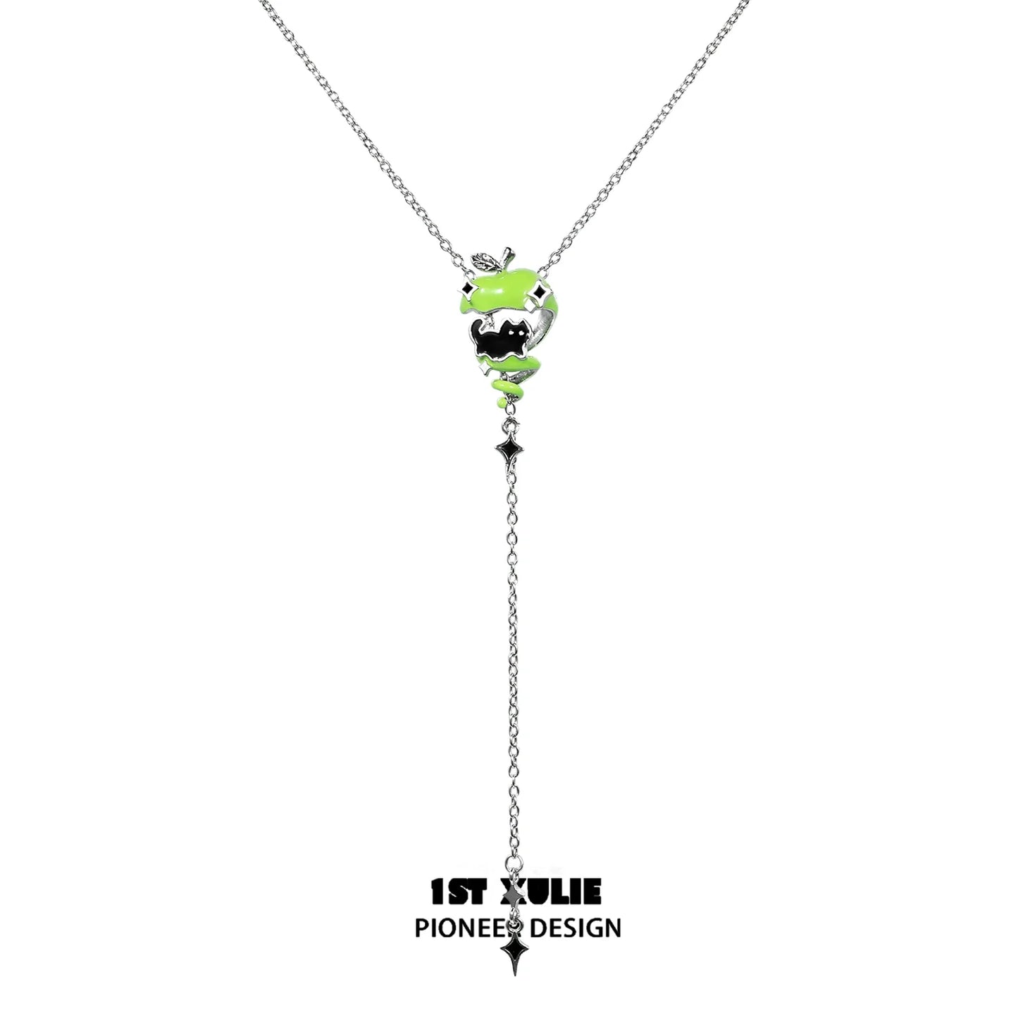 Green apple cat dog necklace by 1STXULIE featuring a unique design with a dangling charm