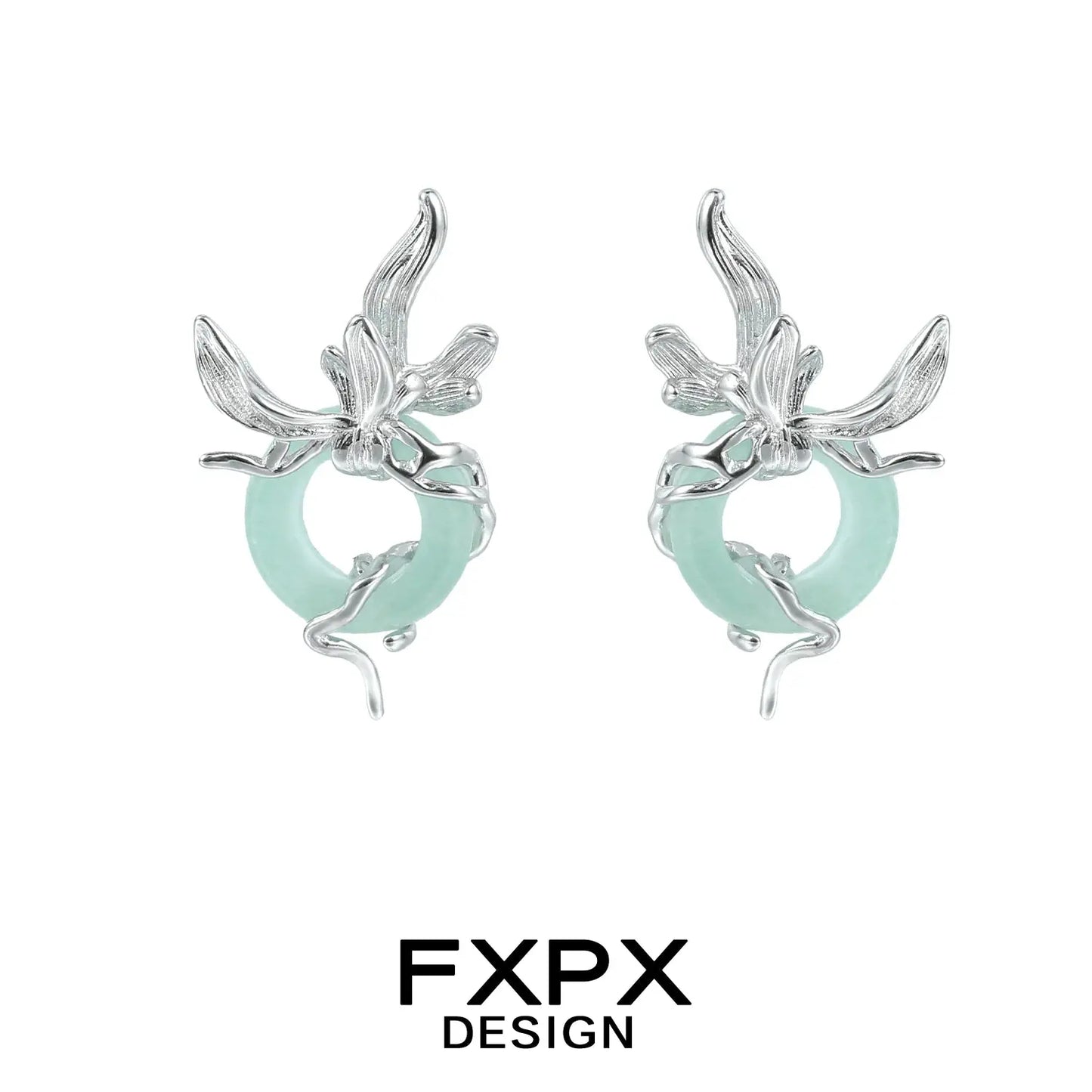 FXPX unique jade earrings for women with silver floral design and circular jade centerpiece