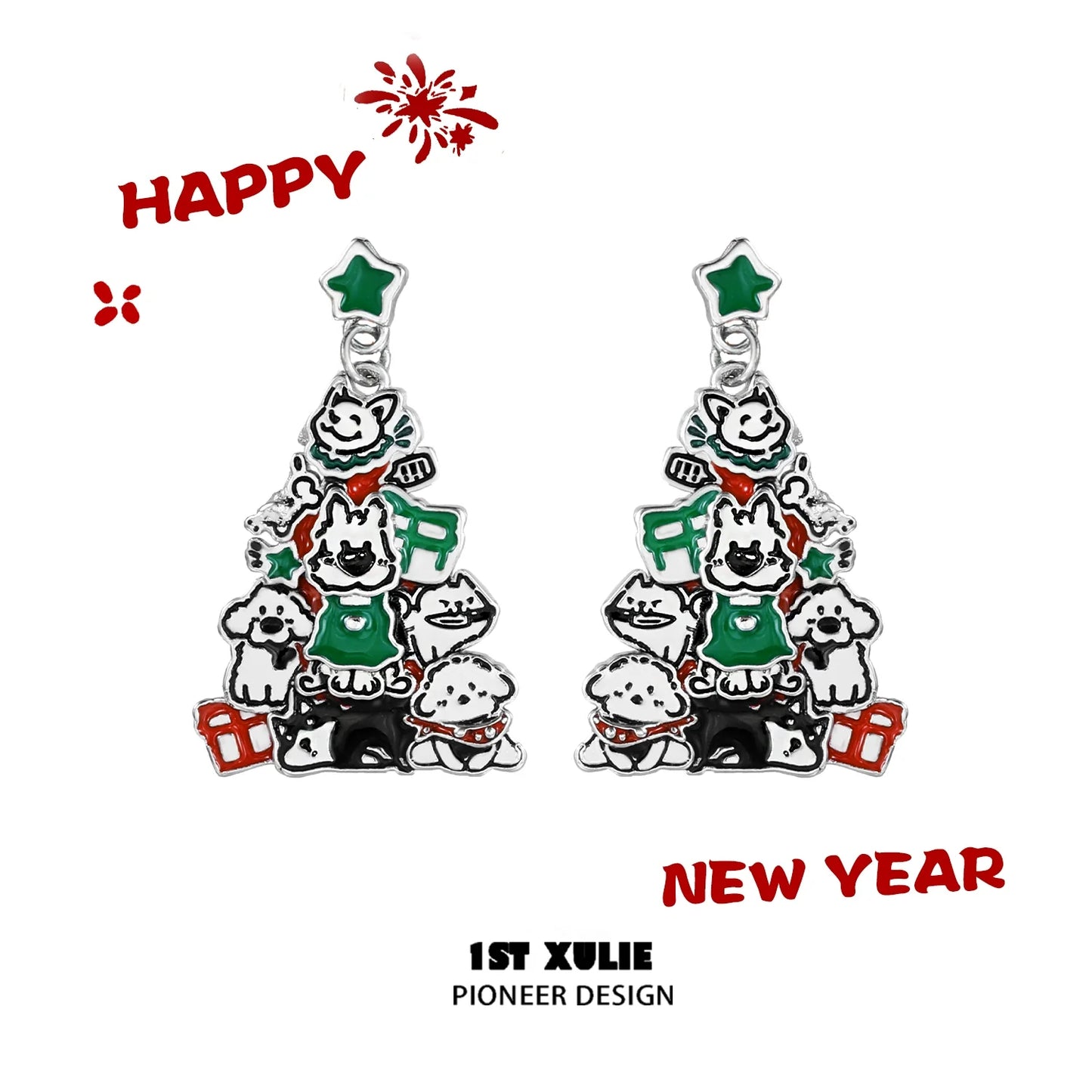 Festive Christmas dog earrings featuring colorful designs of dogs and a Christmas tree