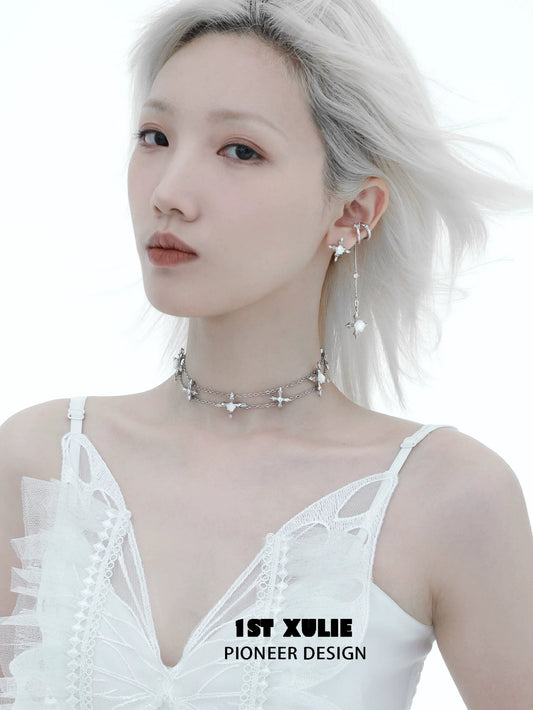 Model showcasing a 1ST XULIE faithful rose cross necklace with delicate floral details