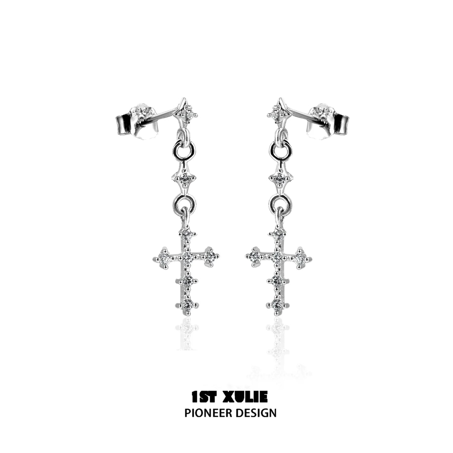 1ST XULIE Futuristic Cross Chain Earrings with Sparkling Detail for a Unique Look
