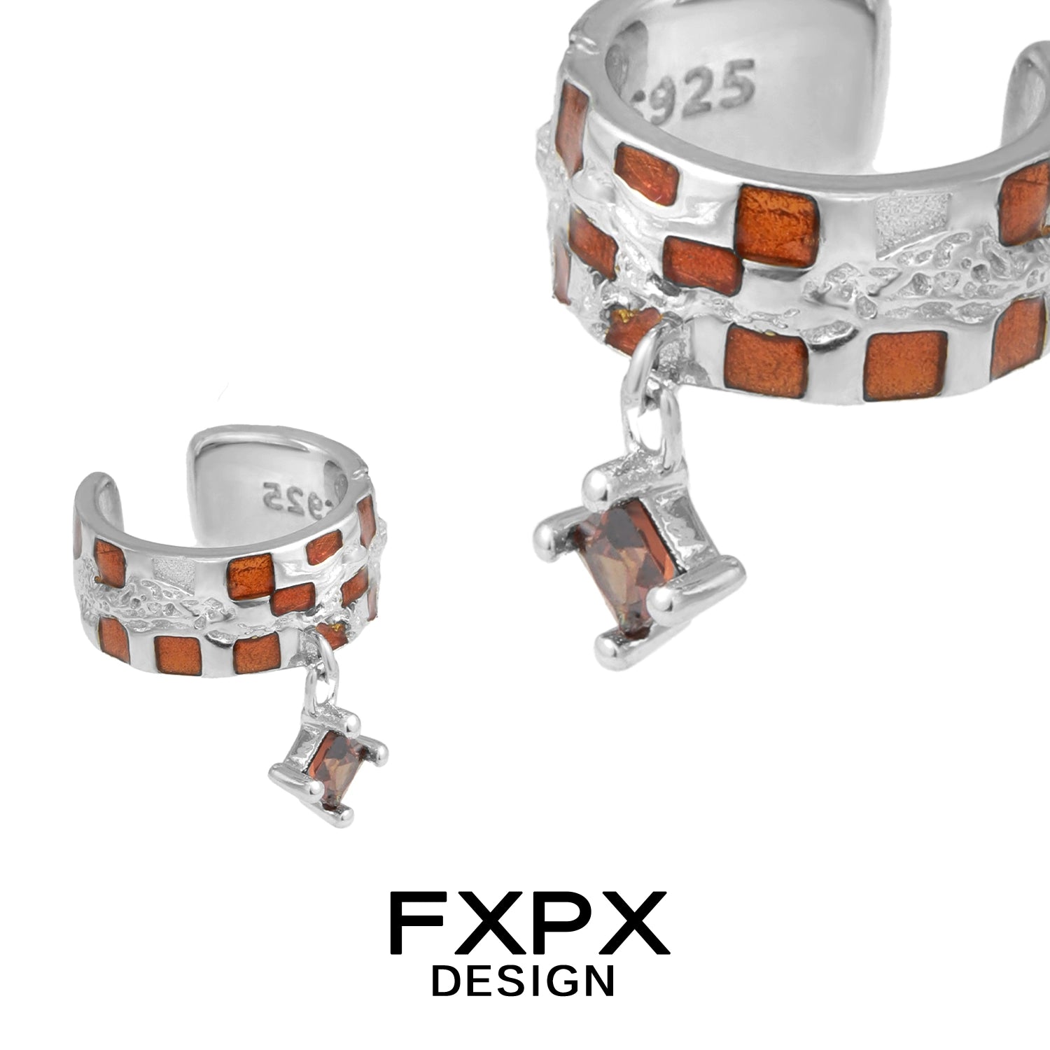 FXPX bloody doll gothic brown checkerboard ear cuff with dangling brown gem and silver detailing