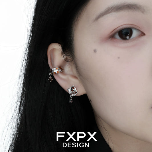 Bloody doll gothic brown checkerboard ear cuff worn on upper ear with matching earring from FXPX