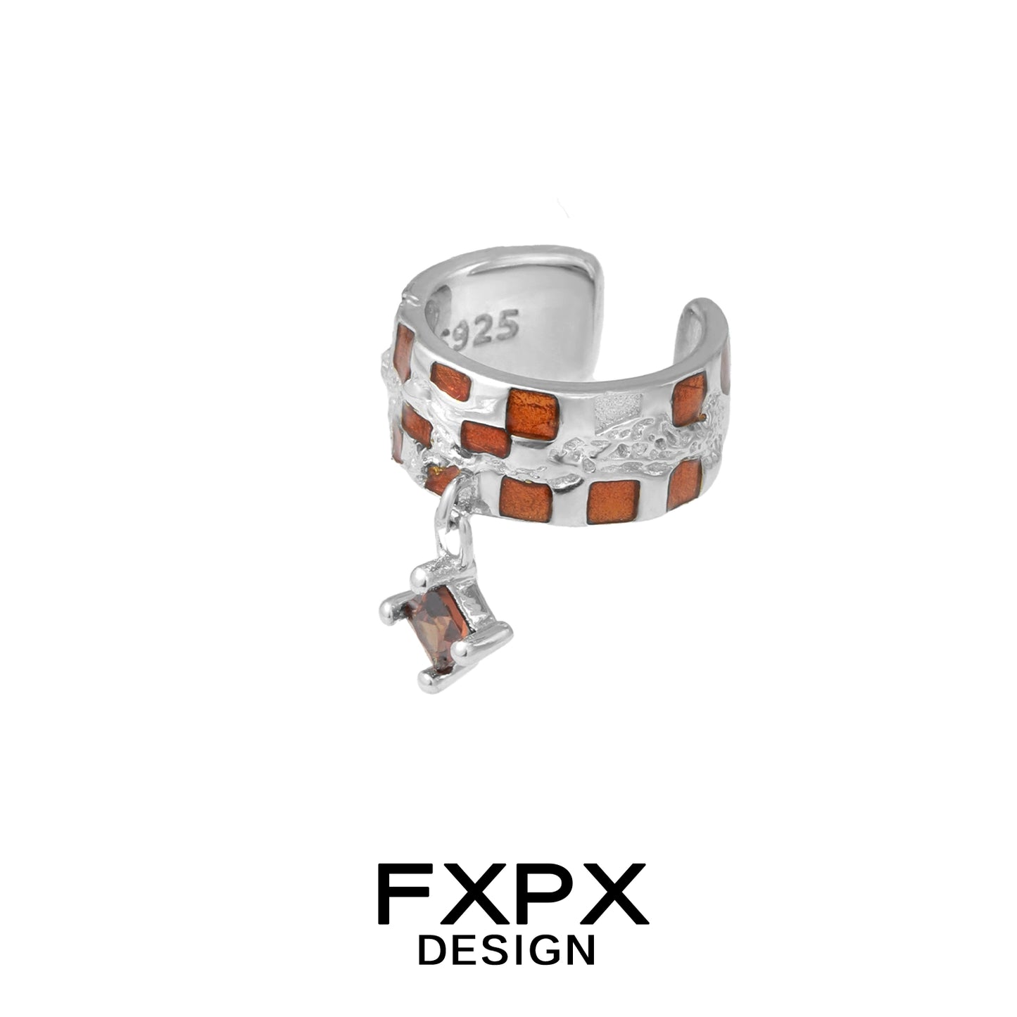 Silver ear cuff with brown checkerboard pattern and dangling gem featuring bloody doll gothic brown checkerboard ear cuff