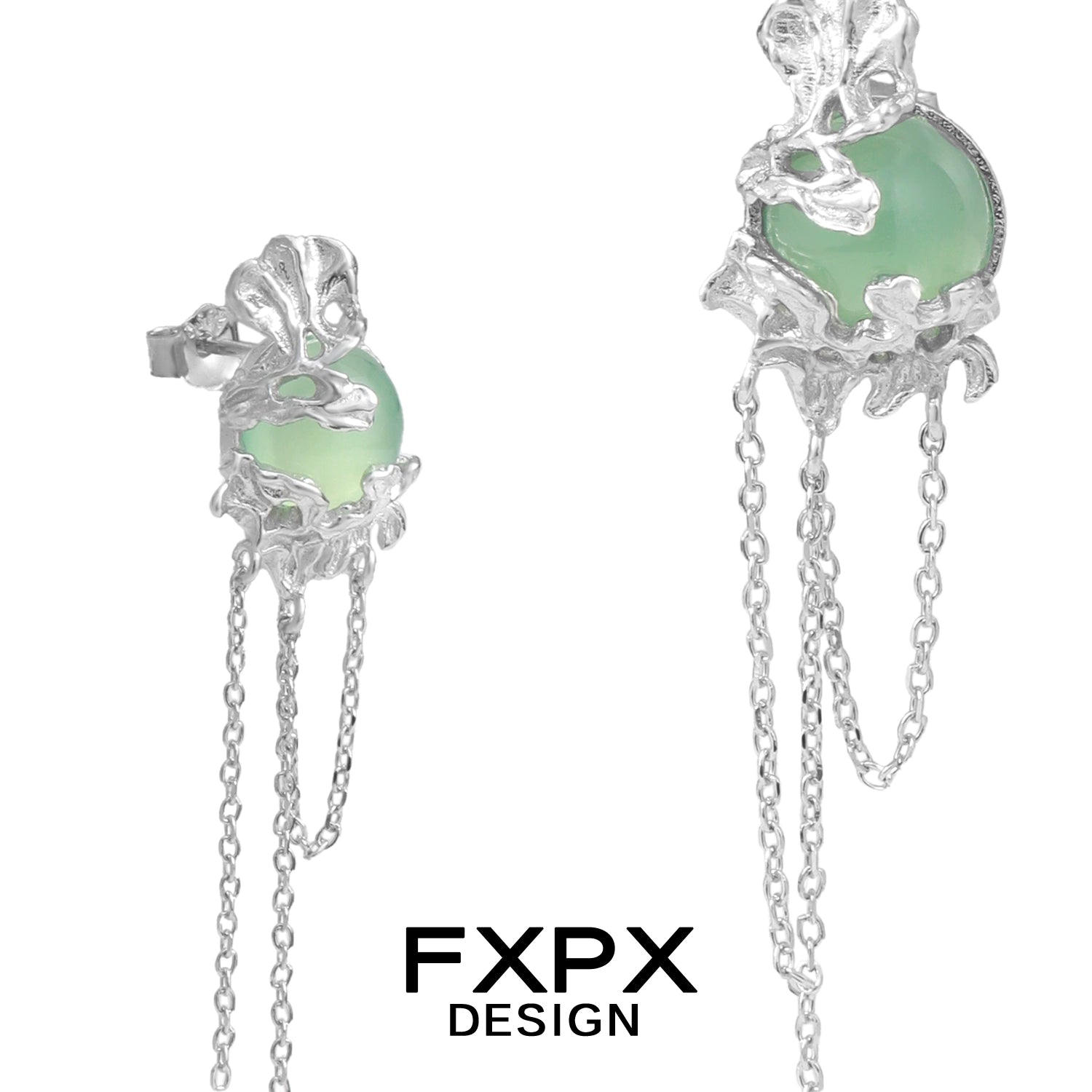 FXPX Bloody Doll Jewelry gentle green agate tassel earrings with silver floral design and chain accents
