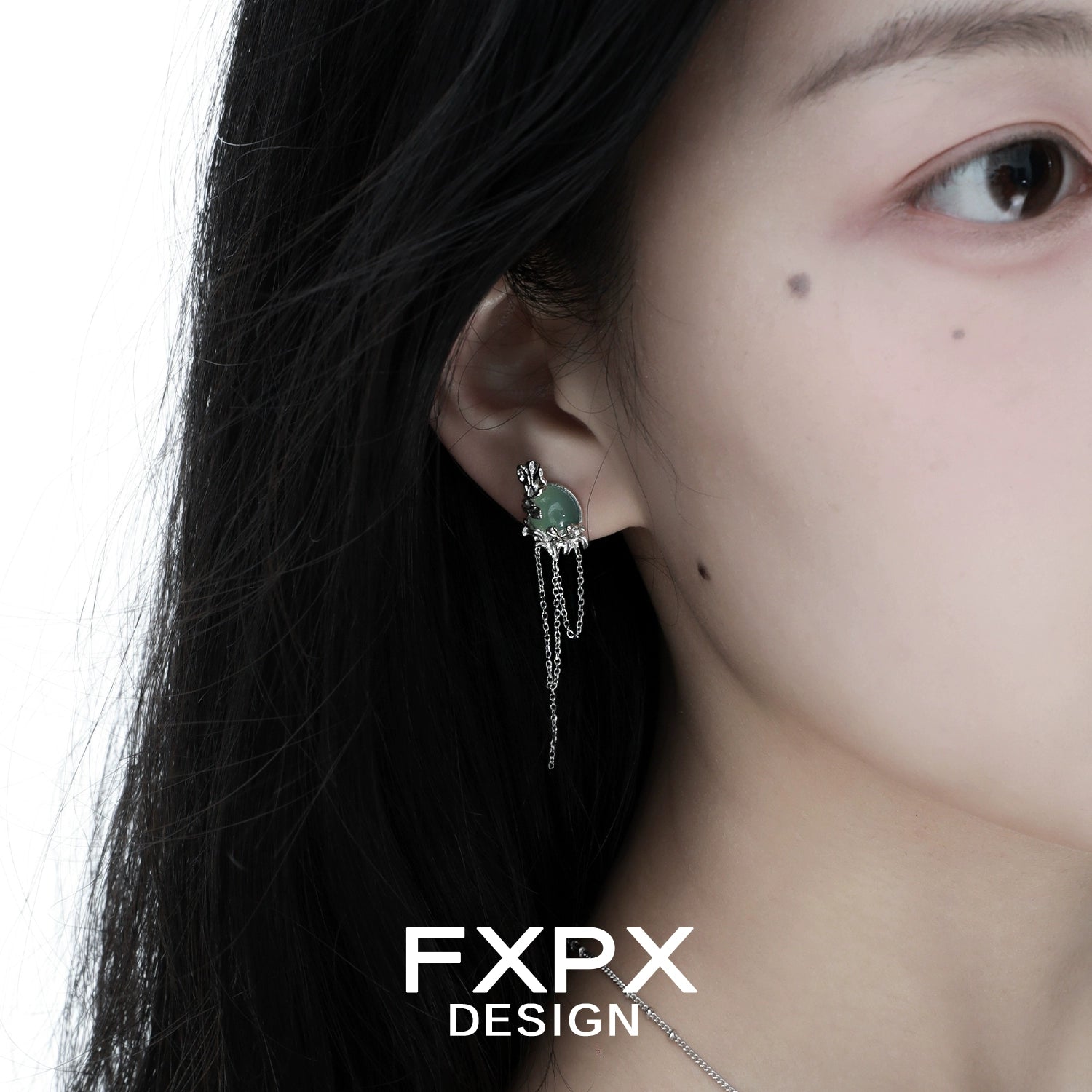 Bloody Doll Jewelry gentle green agate tassel earrings worn on ear with delicate silver chains