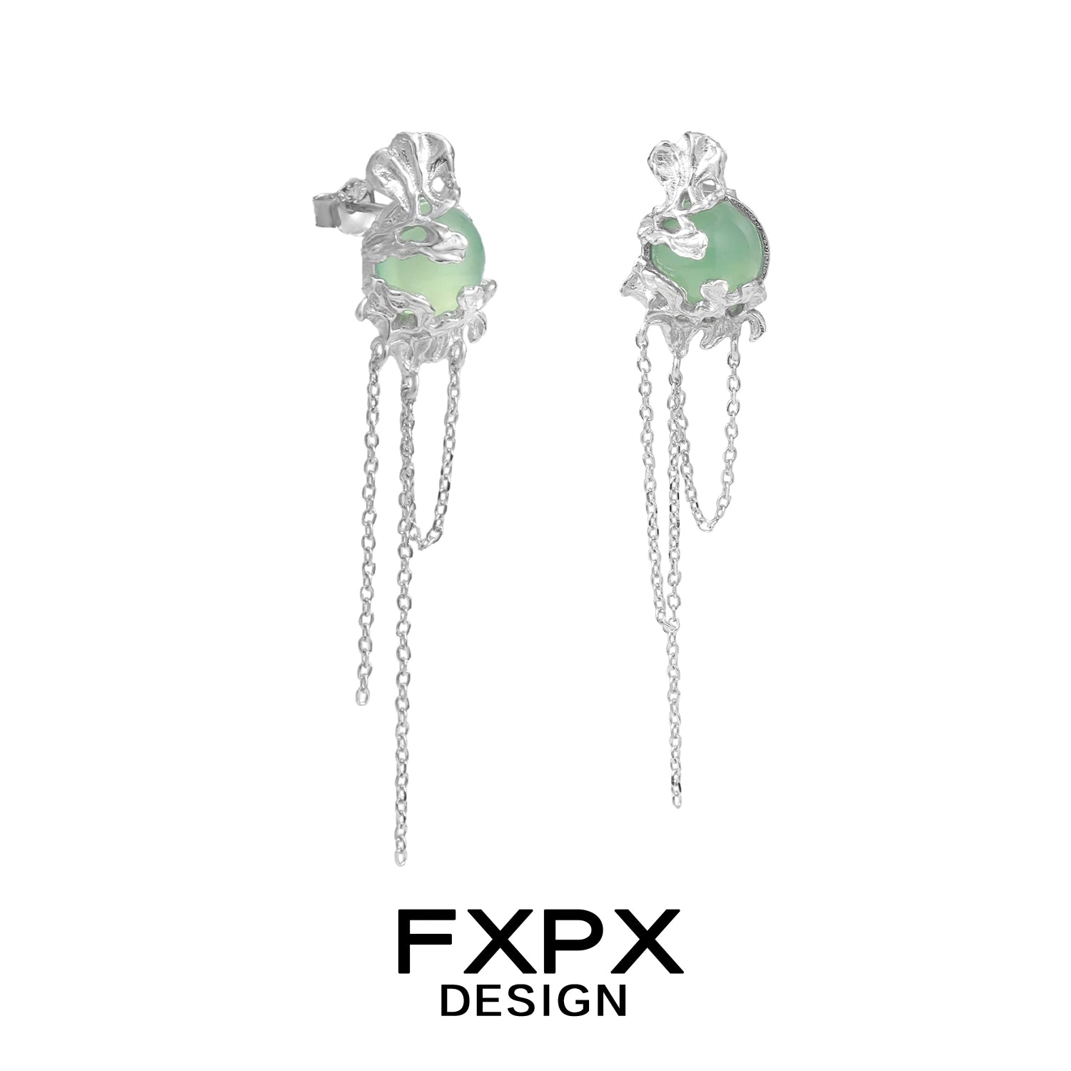 FXPX Bloody Doll Jewelry gentle green agate tassel earrings with silver chains and intricate design