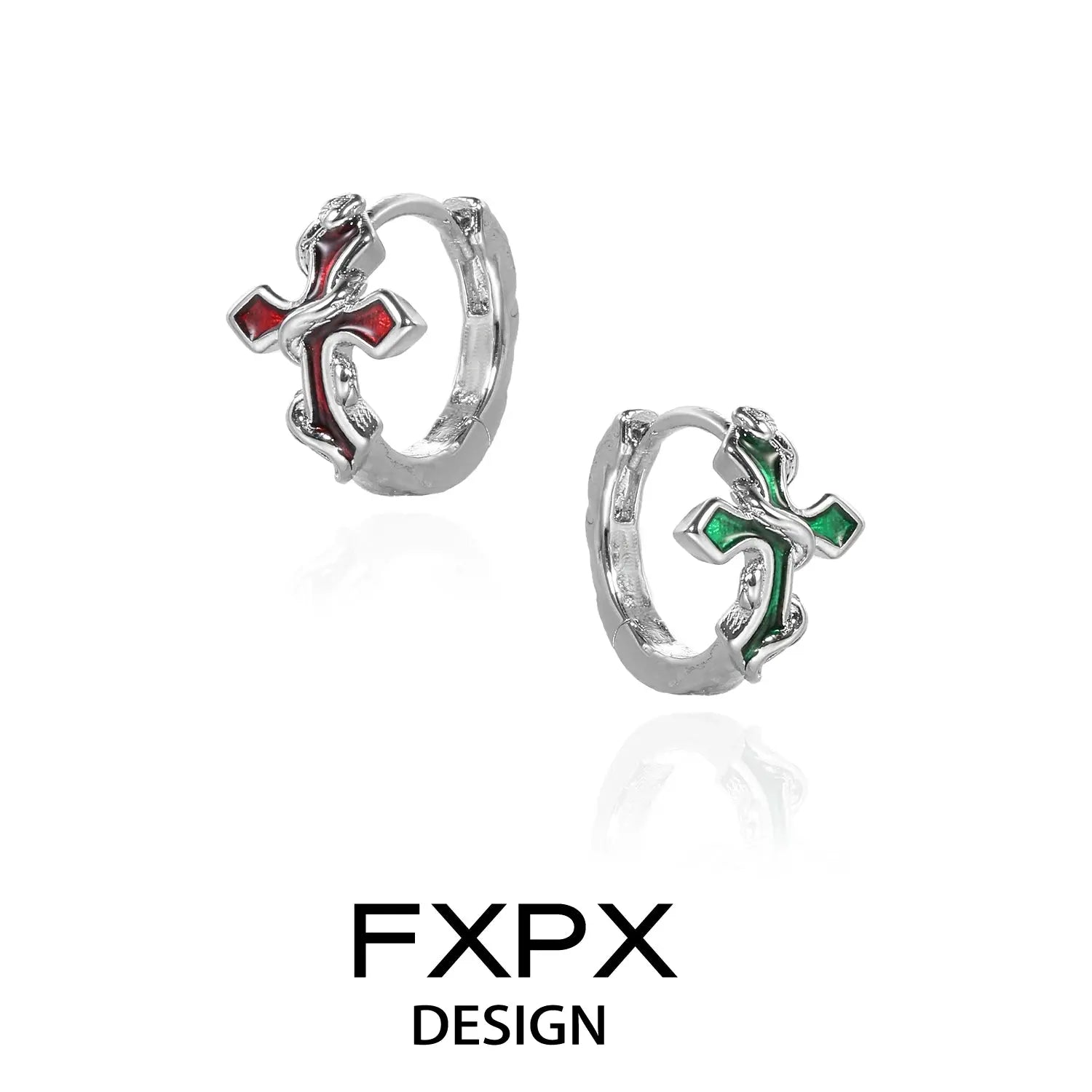 FXPX bloody doll jewelry gothic cross snake earrings with red and green accents on silver hoops