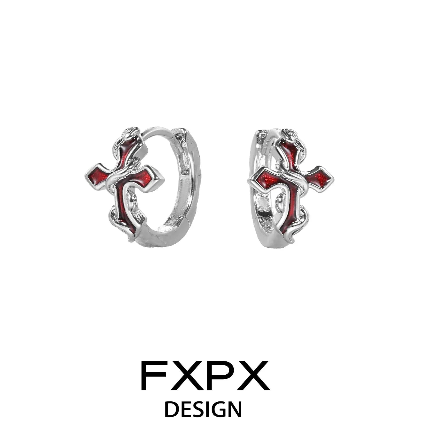 FXPX bloody doll jewelry gothic cross snake earrings with red enamel and silver finish
