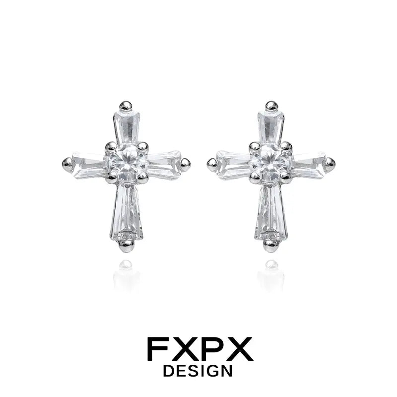 FXPX bloody doll jewelry gothic cross stud earrings with clear crystal stones in silver setting