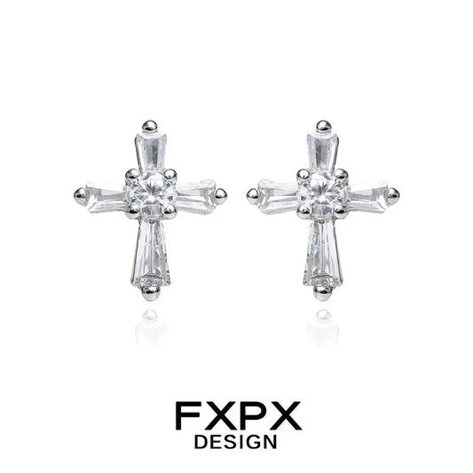 FXPX bloody doll jewelry gothic cross stud earrings with clear crystals in silver setting
