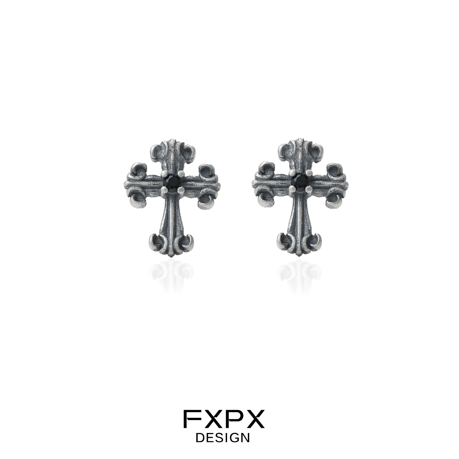 FXPX bloody doll jewelry gothic cross stud earrings in antique silver finish set on white background