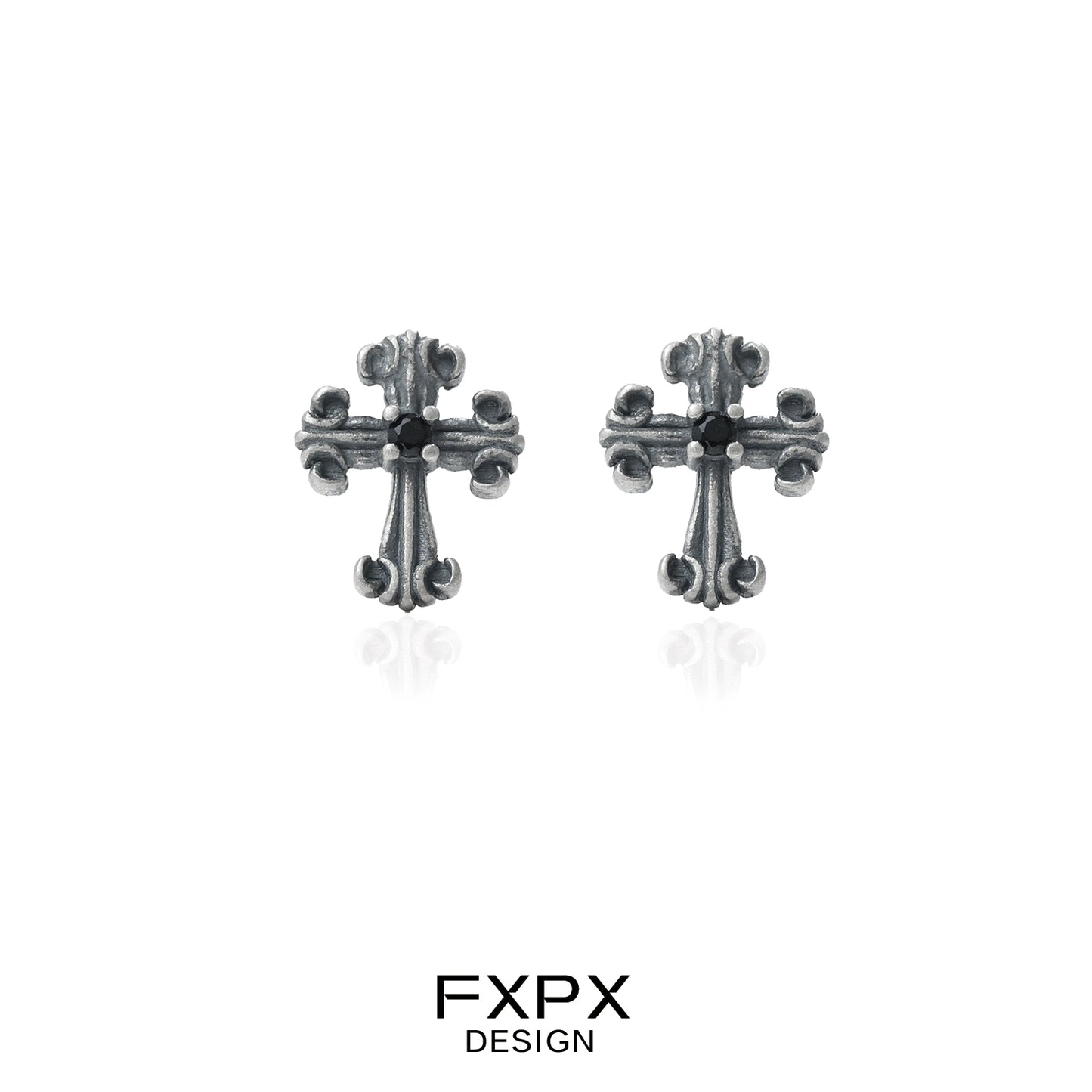 FXPX bloody doll jewelry gothic cross stud earrings in antique silver finish for a bold style
