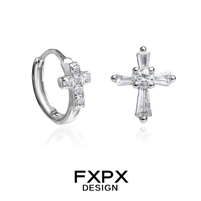 FXPX bloody doll jewelry gothic cross stud earrings with clear crystals on silver hoop