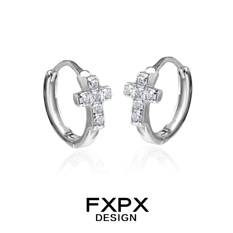 Silver hoop bloody doll jewelry gothic cross stud earrings with sparkling stones by FXPX