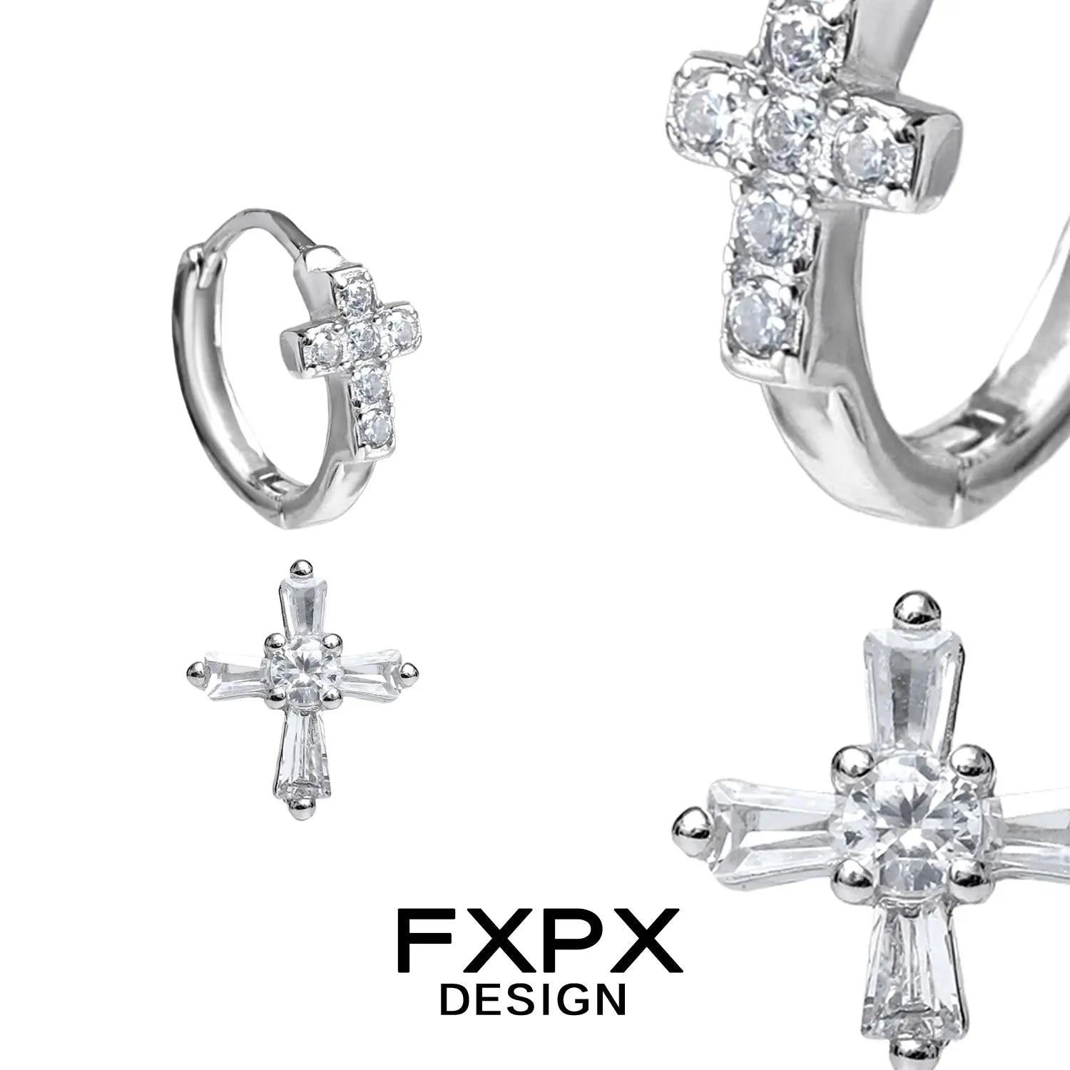 FXPX Design bloody doll jewelry gothic cross stud earrings with silver and crystal detailing