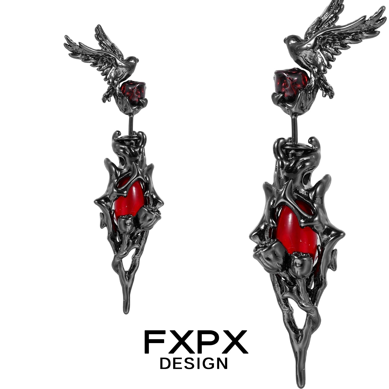 FXPX Bloody Doll Jewelry gothic raven earrings with black metal design and red heart detail