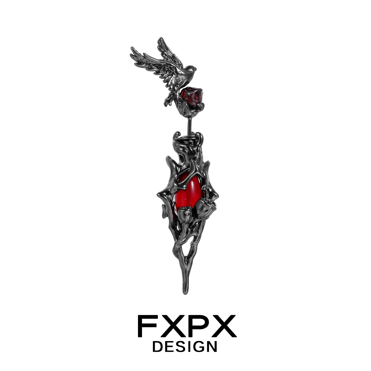 Bloody Doll Jewelry gothic raven earrings with black metal and red accents by FXPX