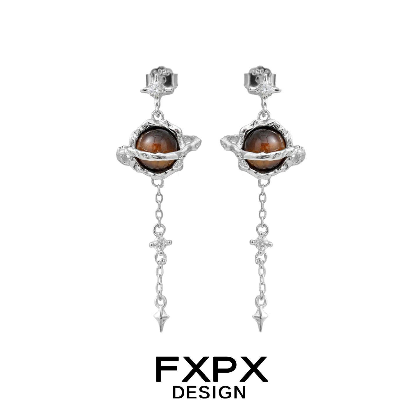 Bloody Doll Jewelry Gothic Saturn tiger eye earrings with silver planet and dangling chain design by FXPX