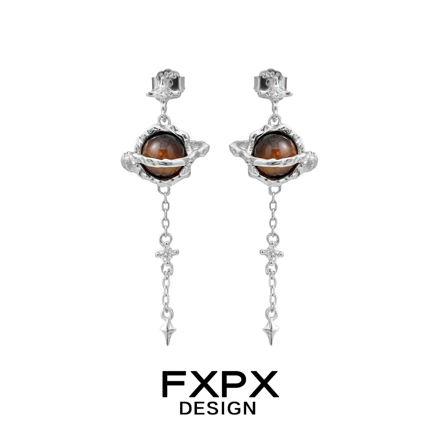 Bloody Doll Jewelry Gothic Saturn tiger eye earrings with silver planetary design and dangling chain by FXPX