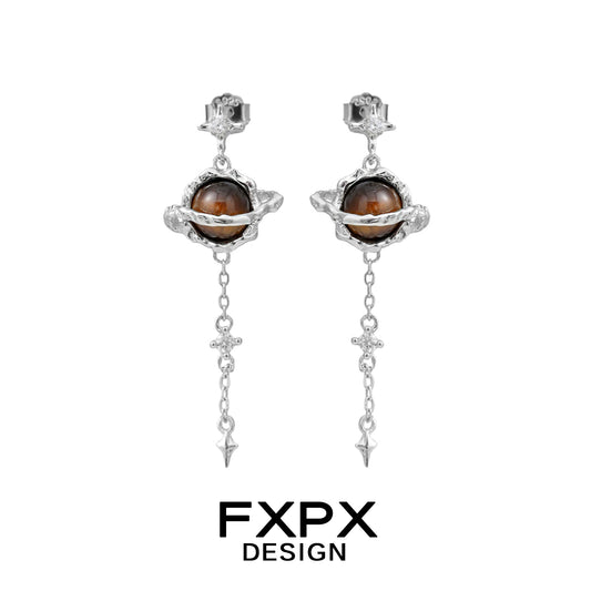 Bloody Doll Jewelry Gothic Saturn tiger eye earrings with silver planetary design and dangling chain by FXPX