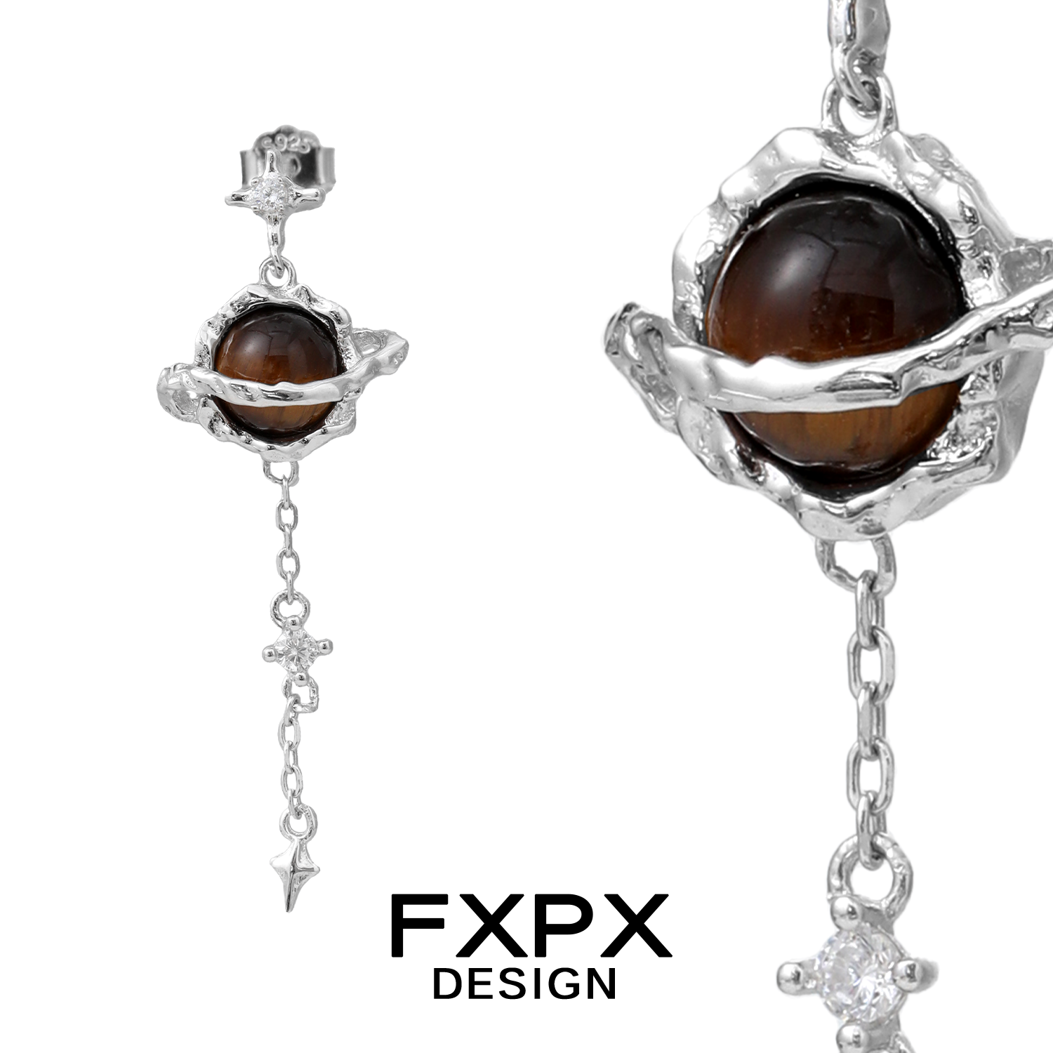 Bloody Doll Jewelry Gothic Saturn tiger eye earrings with silver chain and detailed planet design