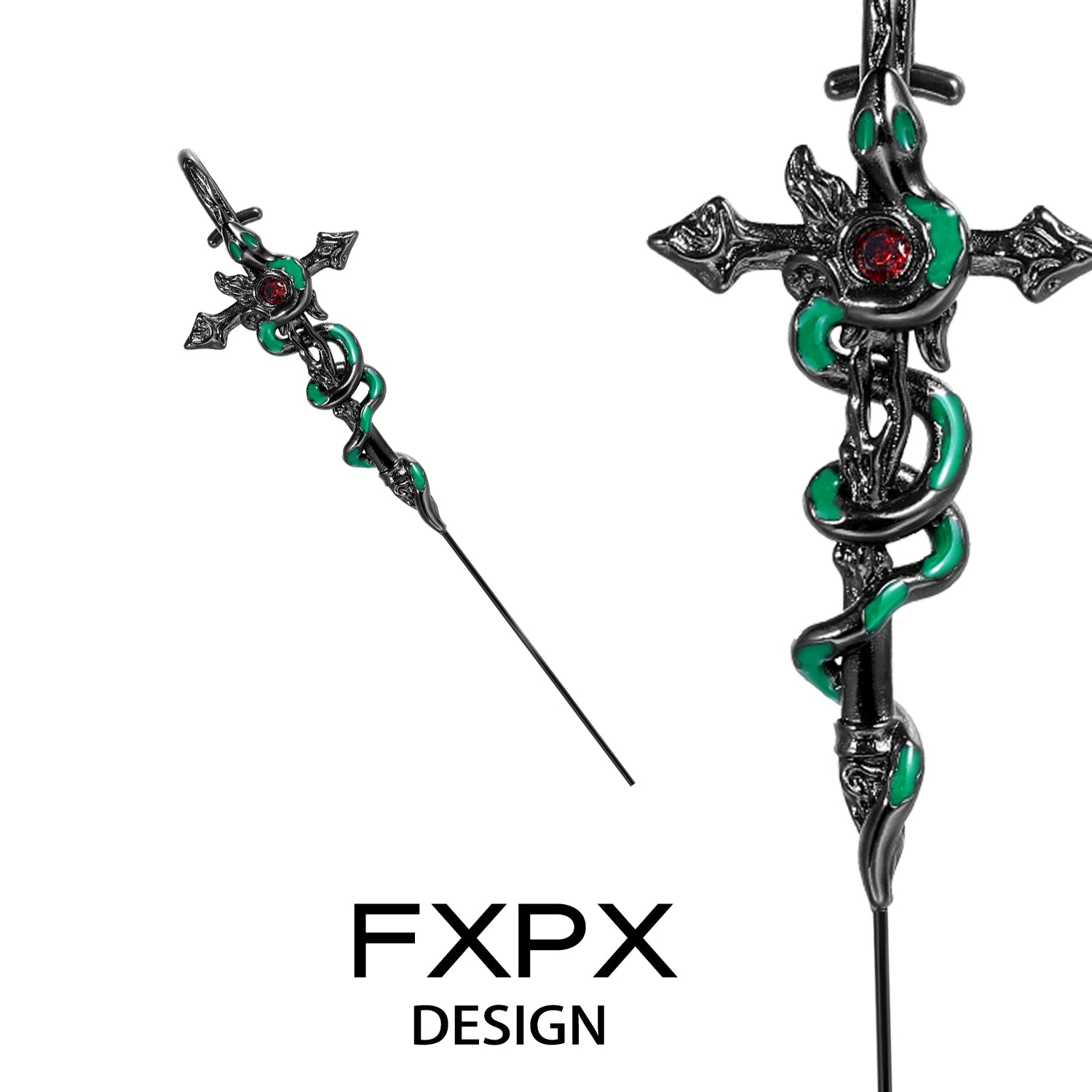 Bloody doll jewelry gothic snake pierced earrings featuring a detailed cross with green snake and red gem accents