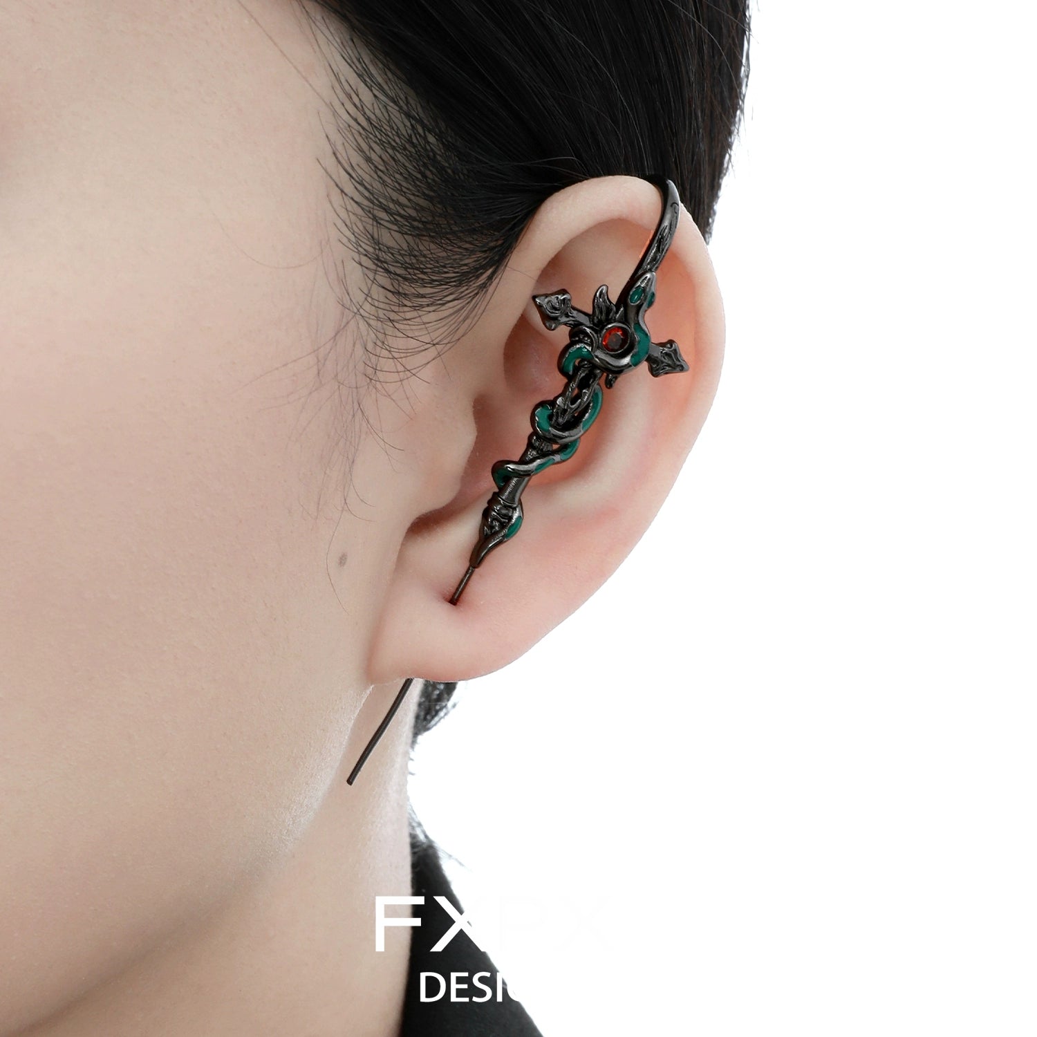 Bloody doll jewelry gothic snake pierced earrings worn on ear with black and red ornate design