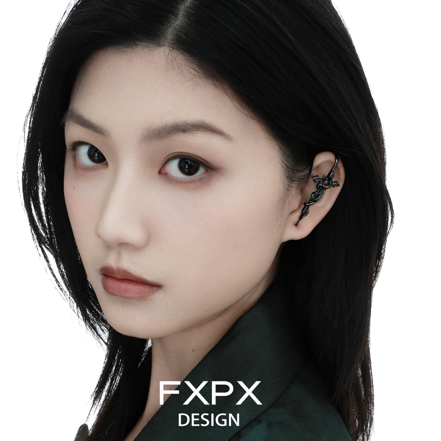 Bloody doll jewelry gothic snake pierced earrings worn on ear by model with black hair