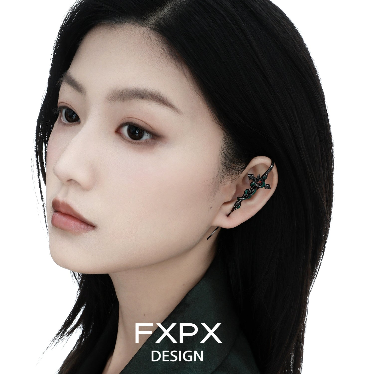 Model wearing bloody doll jewelry gothic snake pierced earrings in black by FXPX