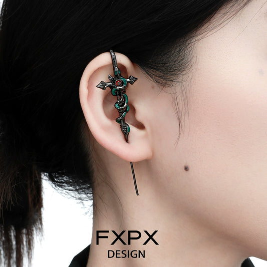 FXPX bloody doll jewelry gothic snake pierced earrings worn on ear with dark green and red details