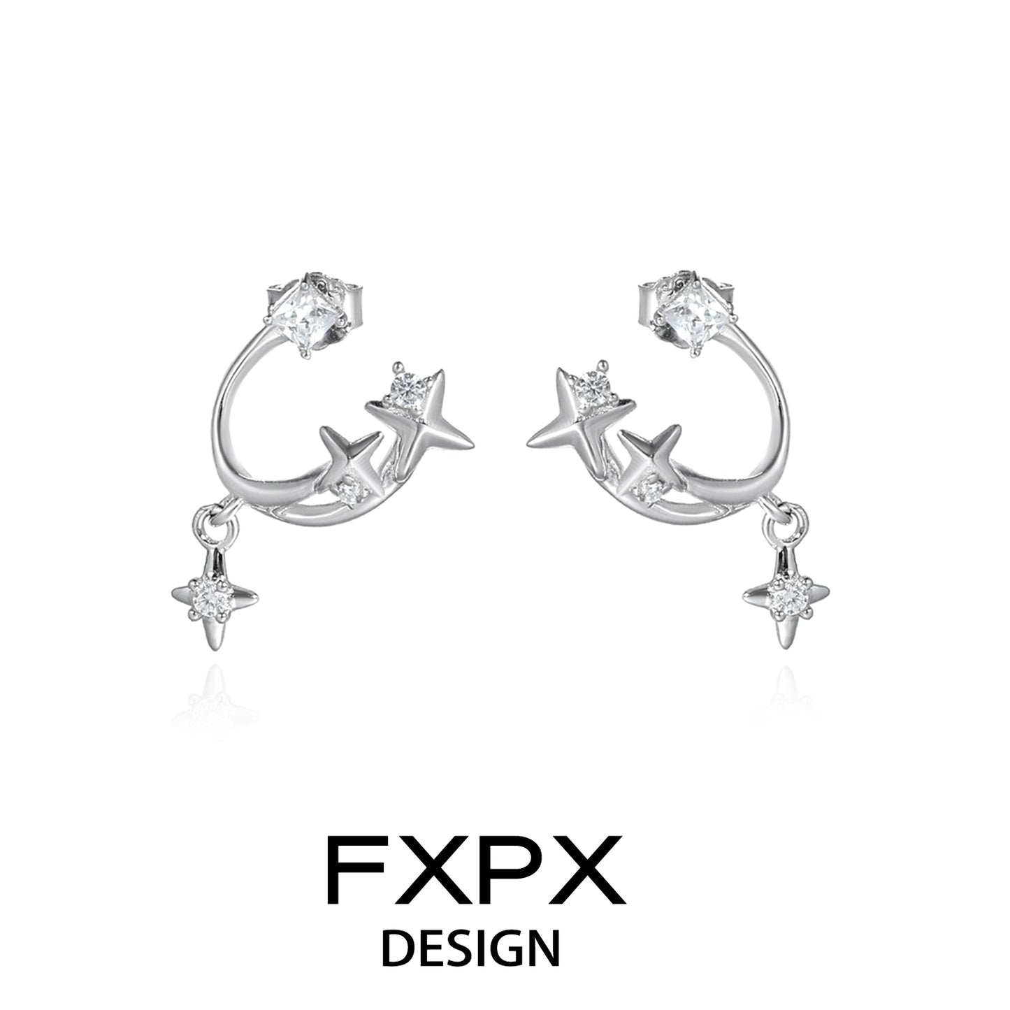 FXPX bloody doll jewelry silver star constellation stud earrings in polished silver with small dangling stars