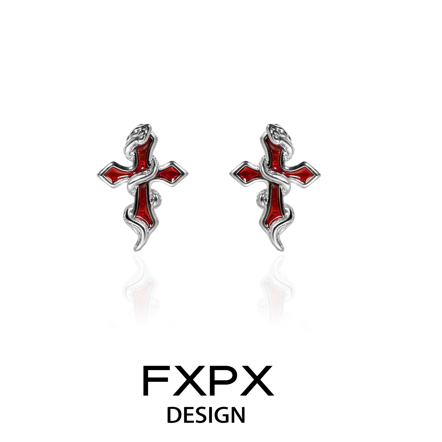 FXPX bloody doll jewelry Y2K snake cross earrings with red enamel and silver snake design