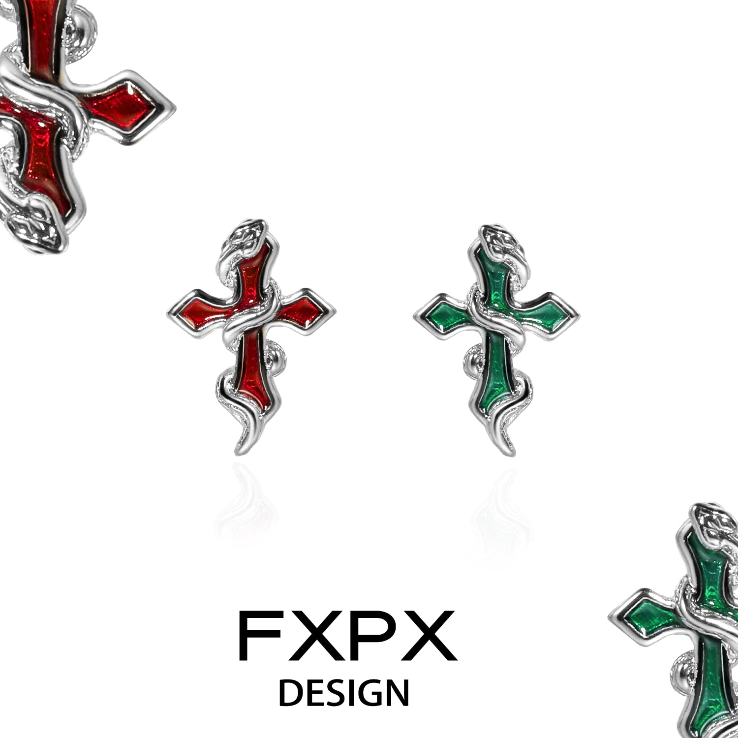 bloody doll jewelry Y2K snake cross earrings in red and green with silver snake detail by FXPX
