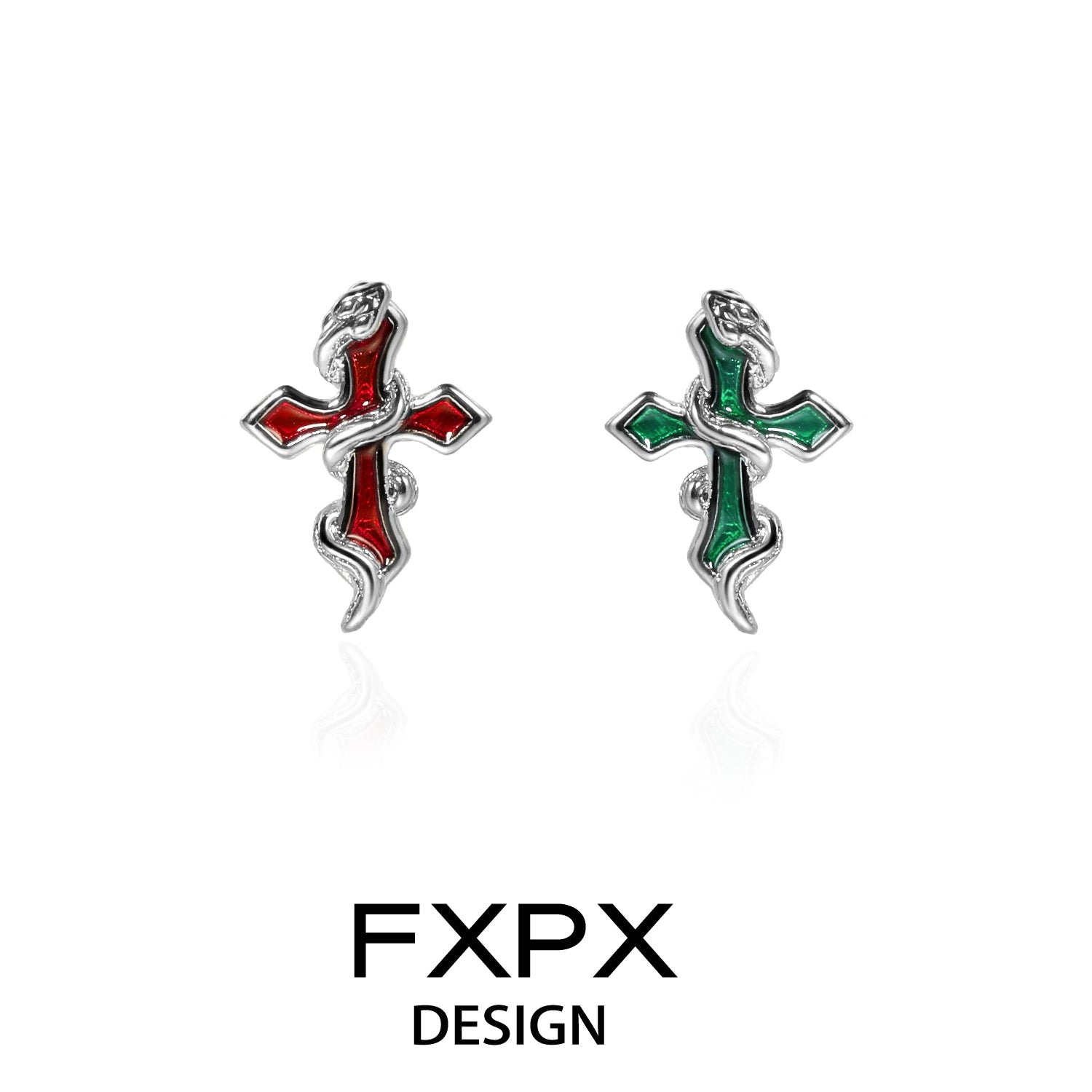 FXPX bloody doll jewelry Y2K snake cross earrings with red and green enamel on silver metal
