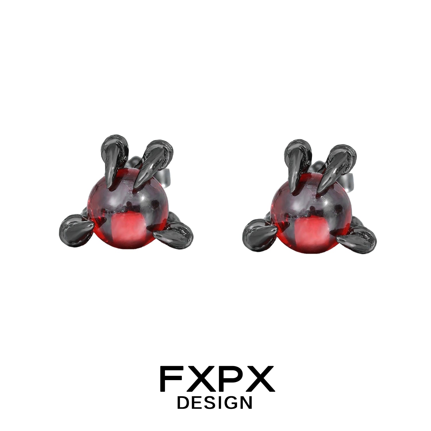 FXPX bloody dragon claw gothic earrings with dark metal claws gripping red translucent spheres