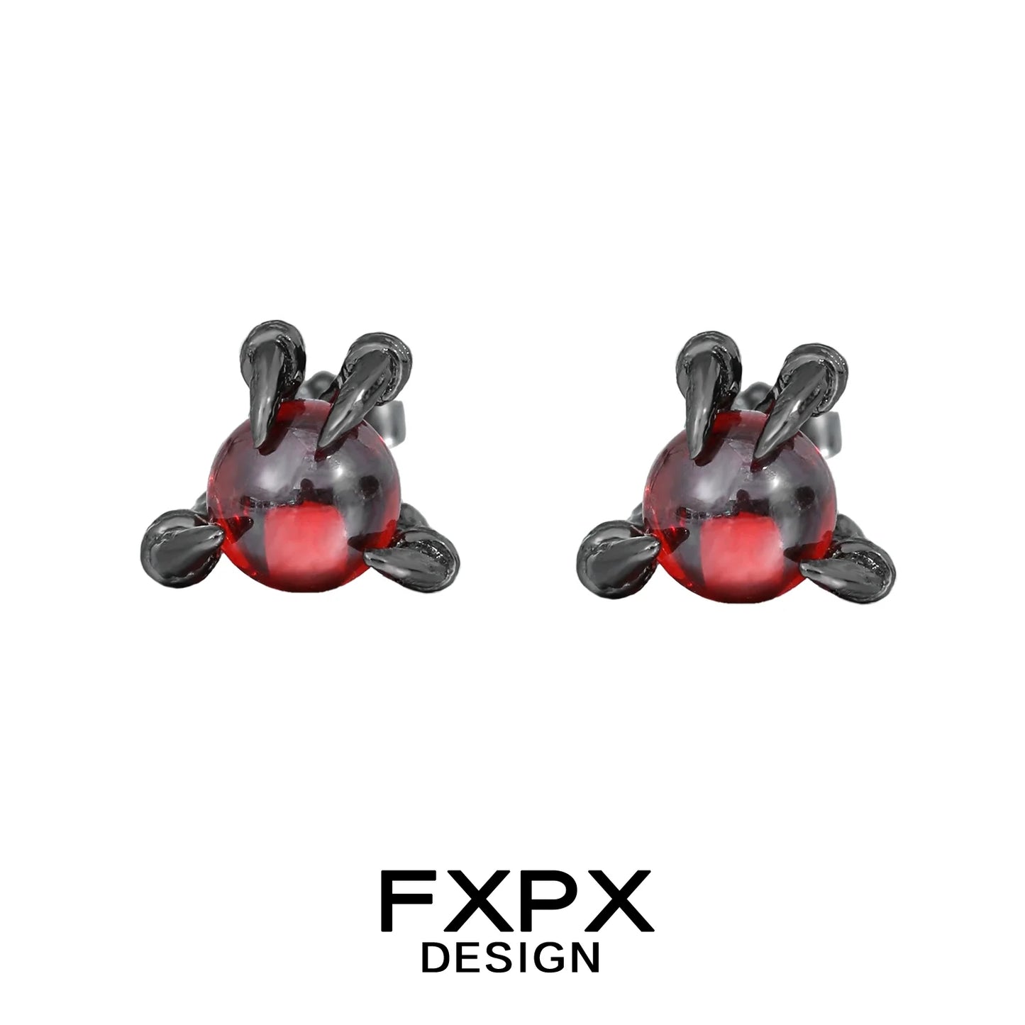 FXPX bloody dragon claw gothic earrings with dark metal claws gripping red translucent spheres
