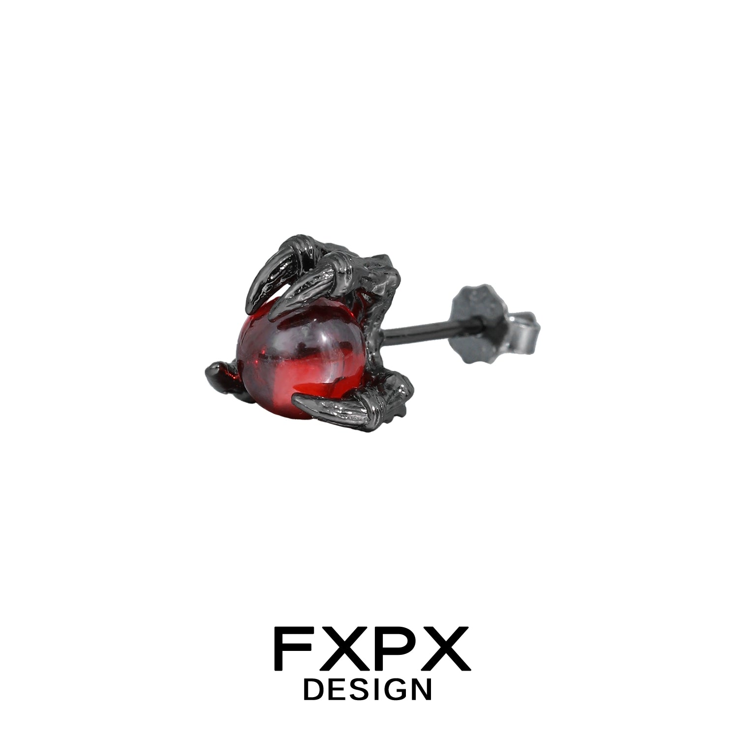 FXPX bloody dragon claw gothic earrings featuring black metal claw holding a red orb stud