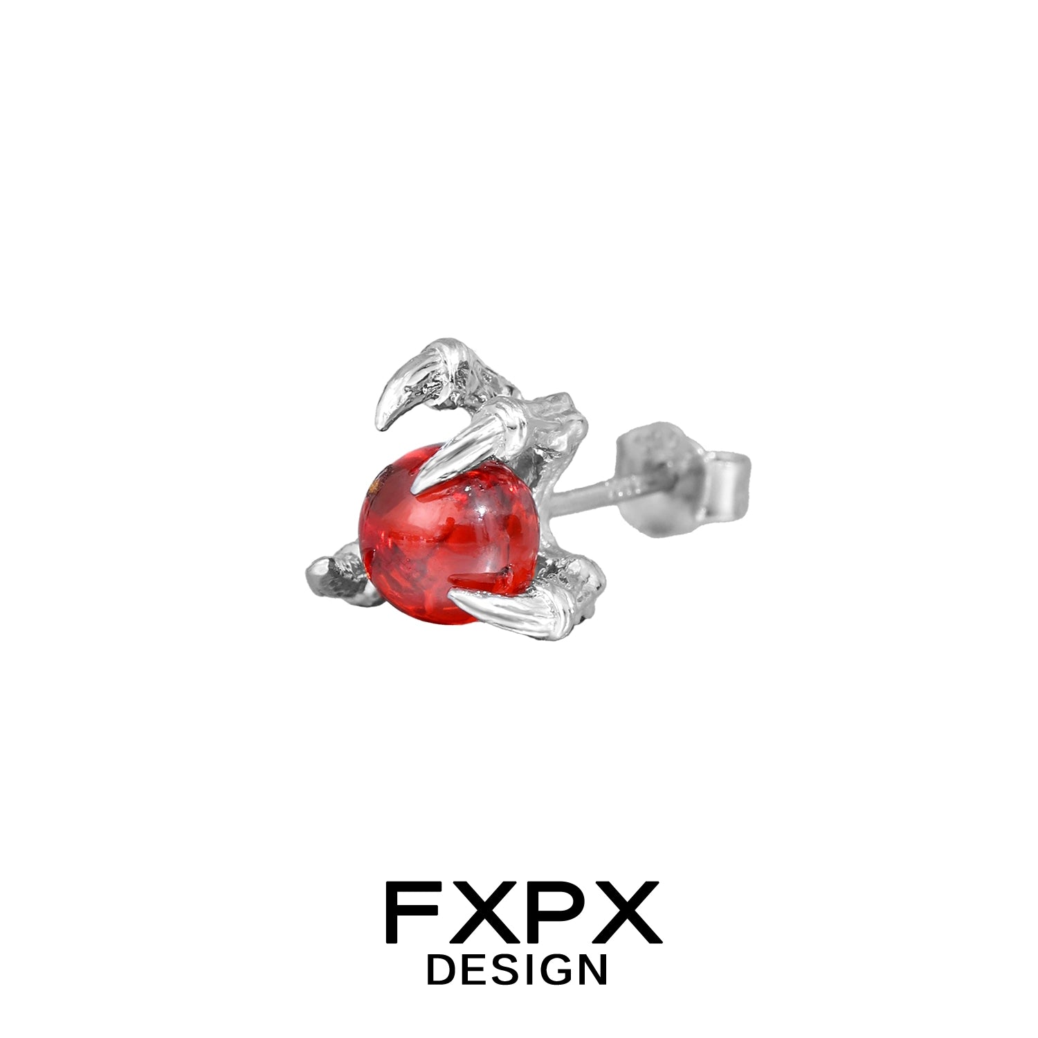 FXPX bloody dragon claw gothic earrings with silver claw holding a red orb stud design