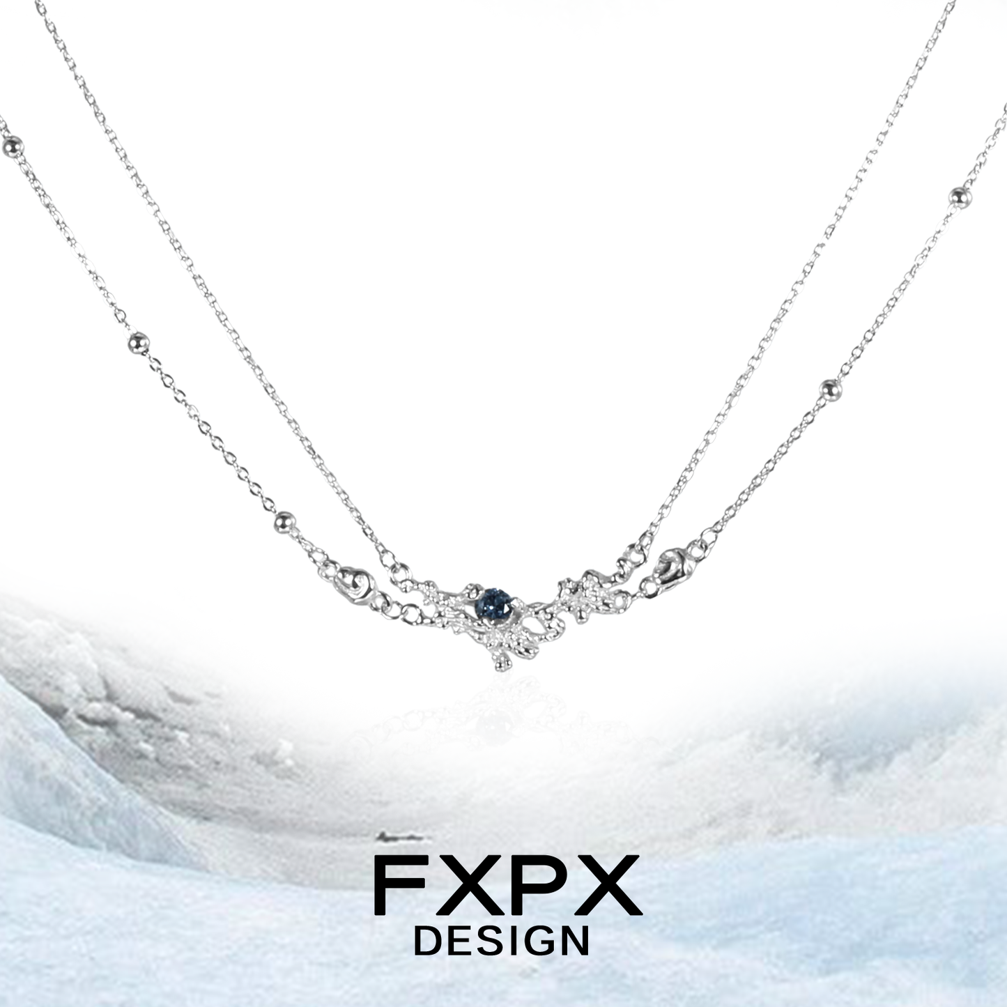 Elegant FXPX blue crystal necklace on a silver chain, perfect for any occasion