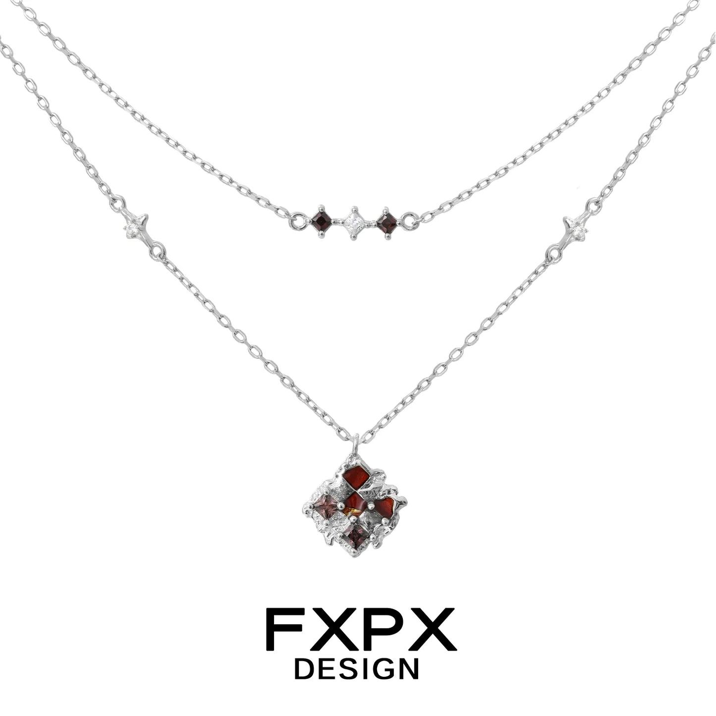 FXPX double-layer silver necklace featuring a brown plaid punk necklace design with gemstone accents