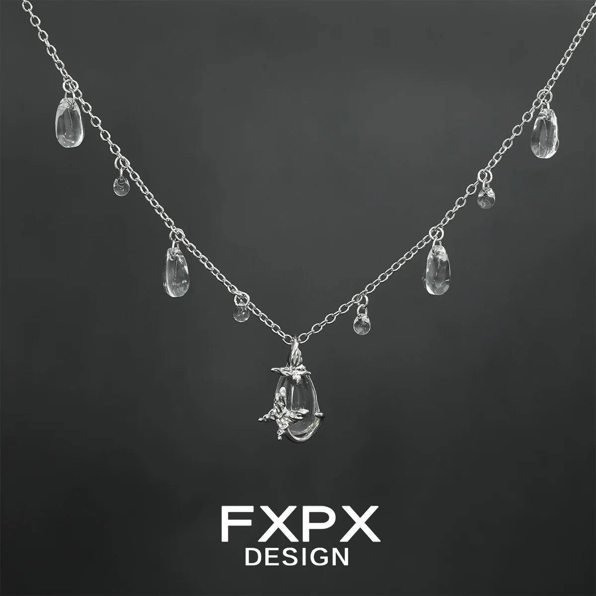 Butterfly water drop silver necklace with sparkling crystal drops for elegant style