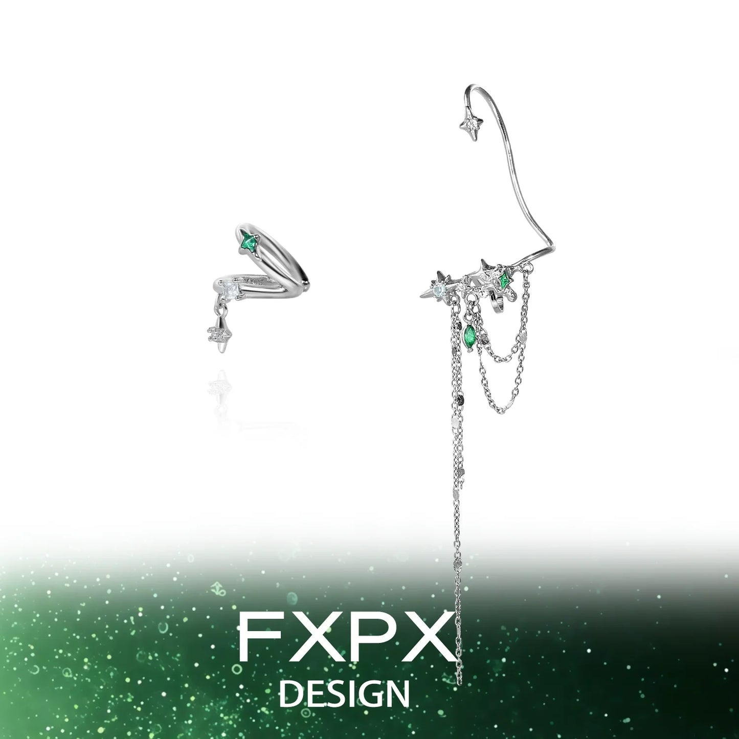 FXPX forest star ear cuff featuring silver chains and green star accents for a trendy look