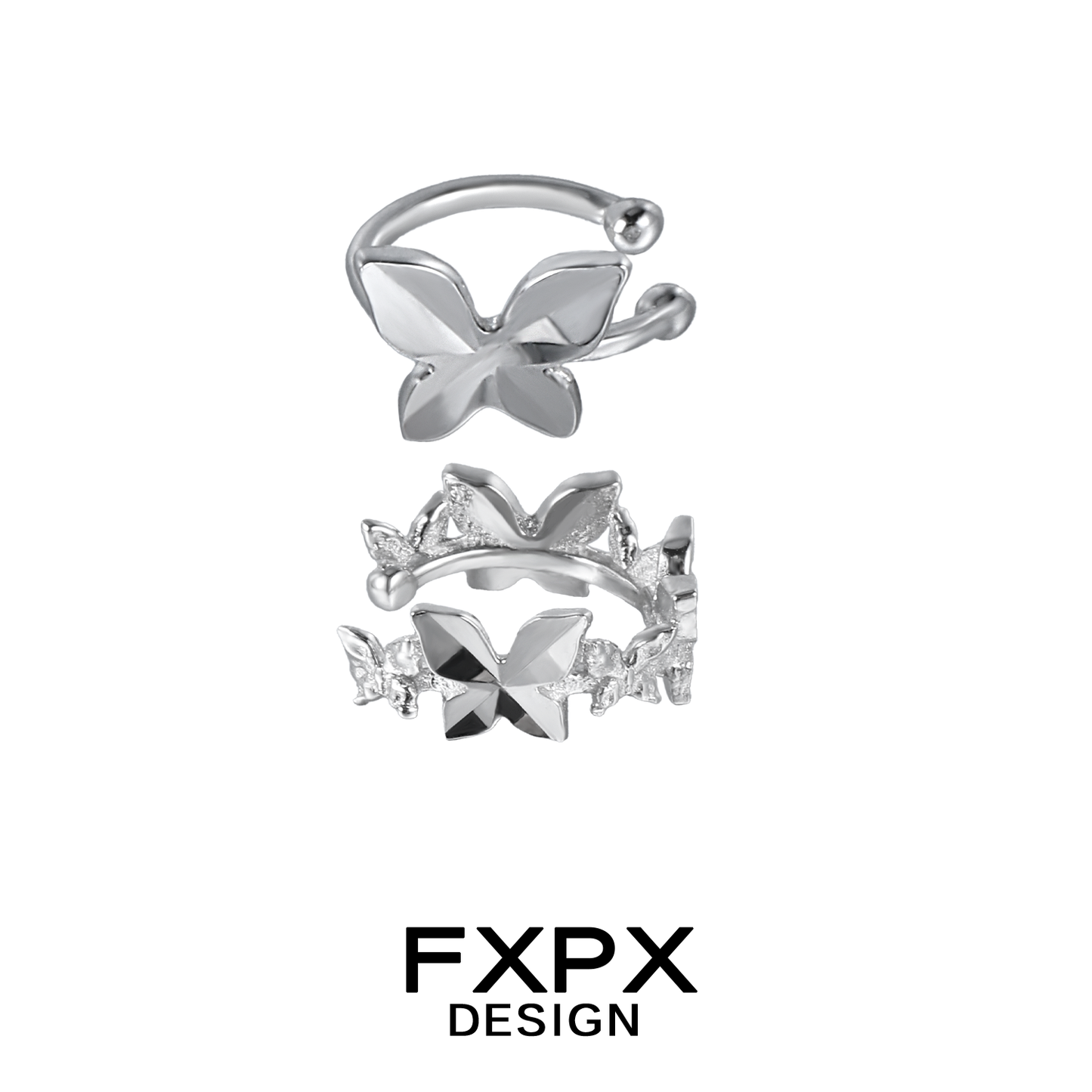 Silver futuristic butterfly ear cuff designed by FXPX with intricate butterfly details