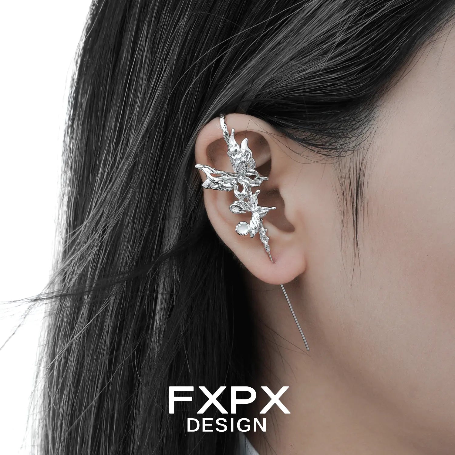 Silver intricate Gothhalo jewelry butterfly agate earring worn on ear by FXPX Design