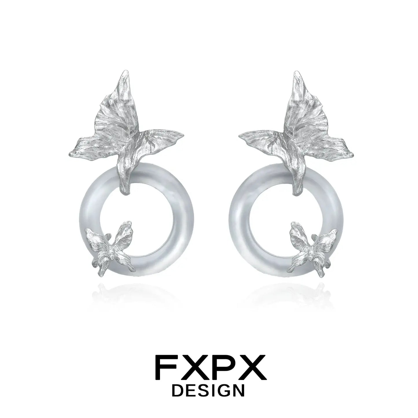 FXPX Gothhalo jewelry modern butterfly hoop earrings with silver butterfly details on translucent hoops