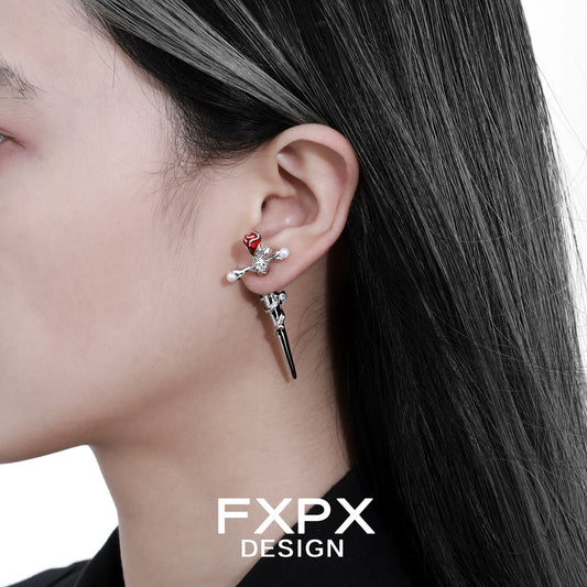 FXPX Gothic rose cross earrings with red accents for a stylish edgy look