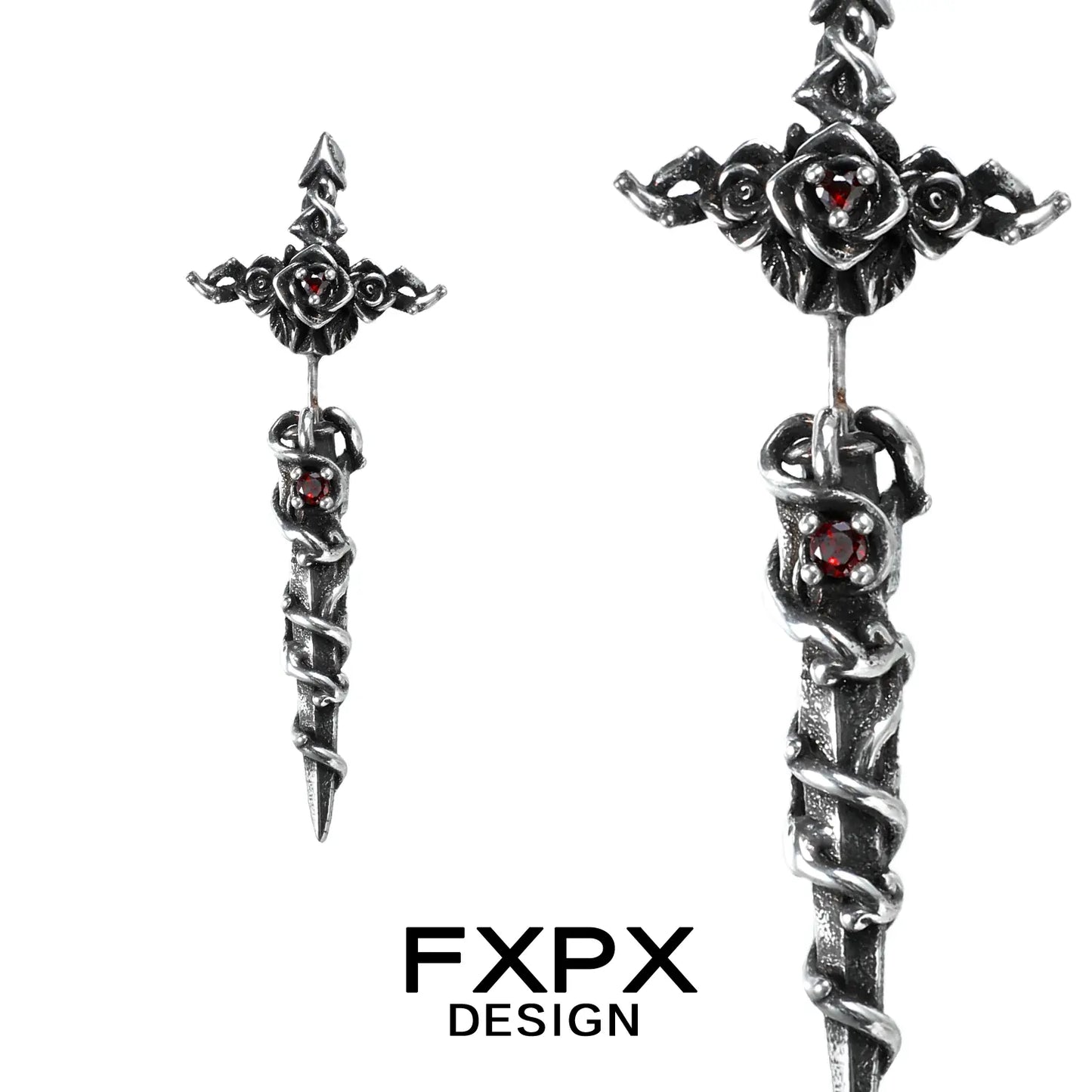 FXPX gothic rose red zircon earrings in silver with intricate rose and thorn design