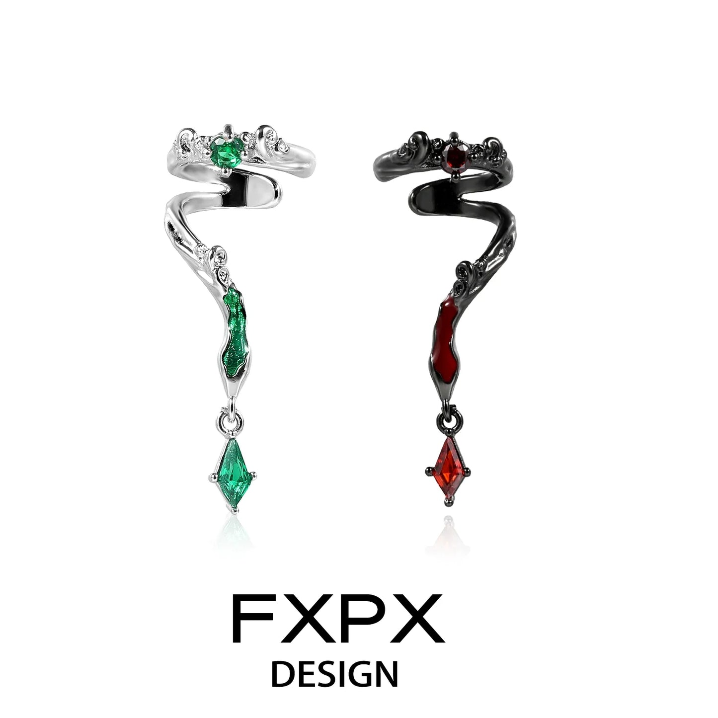 FXPX gothic viper ear cuff in silver with emerald and ruby accents for a stylish look
